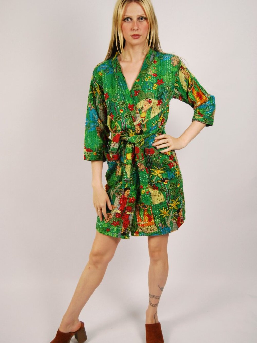 70s Frida Kahlo Print Robe (L) large green vintage womens contrast stitch boho
